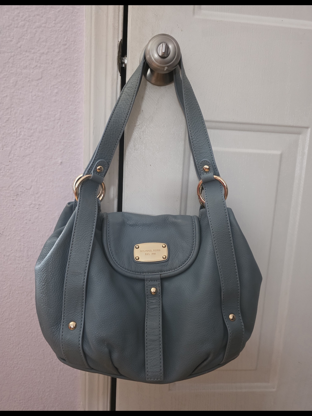 Michael Kors Blue Gray Leather Satchel with Gold Hardware